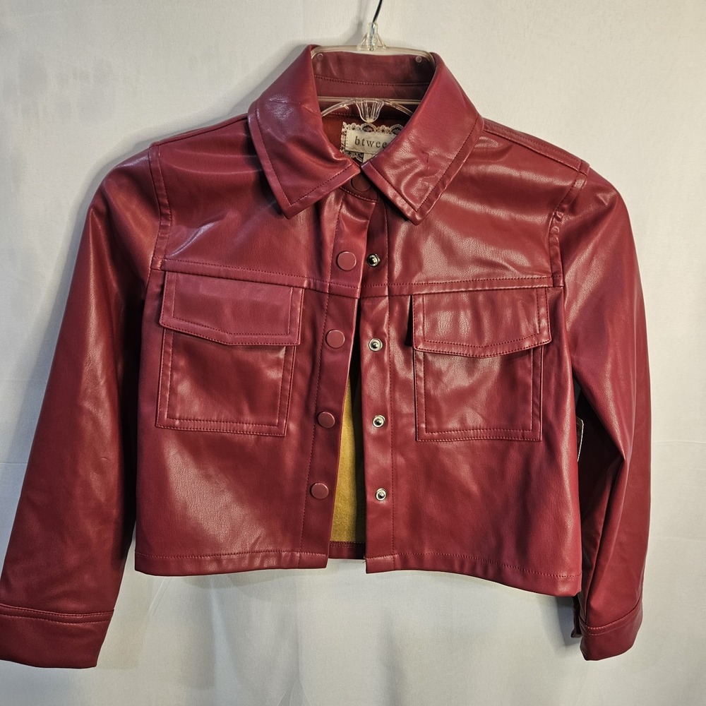BNWT btween Girls Red Faux Leather Basic Jacket 100% Polyester Snap Pockets SZ 7